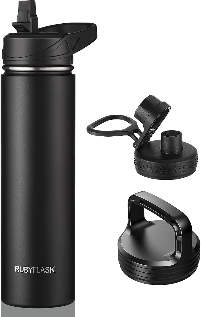 RUBYFLASK 24 oz Insulated Stainless Steel Water Bottle with Straw | 3 Lids, Wide Mouth, Metal Vacuum Leakproof Water Jug Flask and Handle, Large Thermal Cup, Black