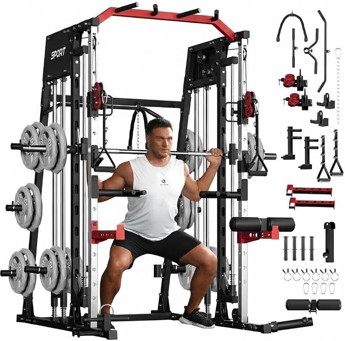 Garvee Smith Machine Home Gym, 2200LBS Power Cage Squat Rack with Smith Bar | With Cable Crossover, LAT Pull-Down & Leg Hold-Down - Multi-Functional Strength Training Equipment for Home, Red