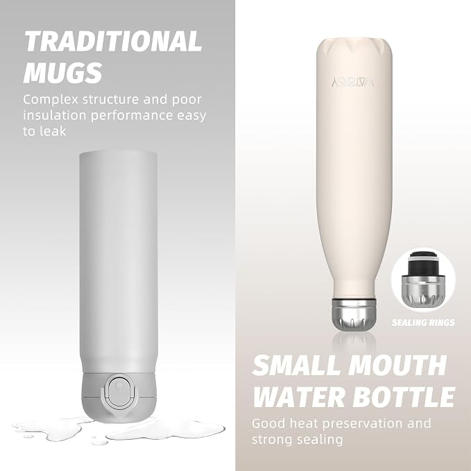 WATERSY Stainless Steel water bottles,17oz/500ml Insulated Water Bottle | Ivory Beige metal water bottle Keeps Drink Cold and Hot,BPA Free kids water bottles for School,Gym,Travel,Sports