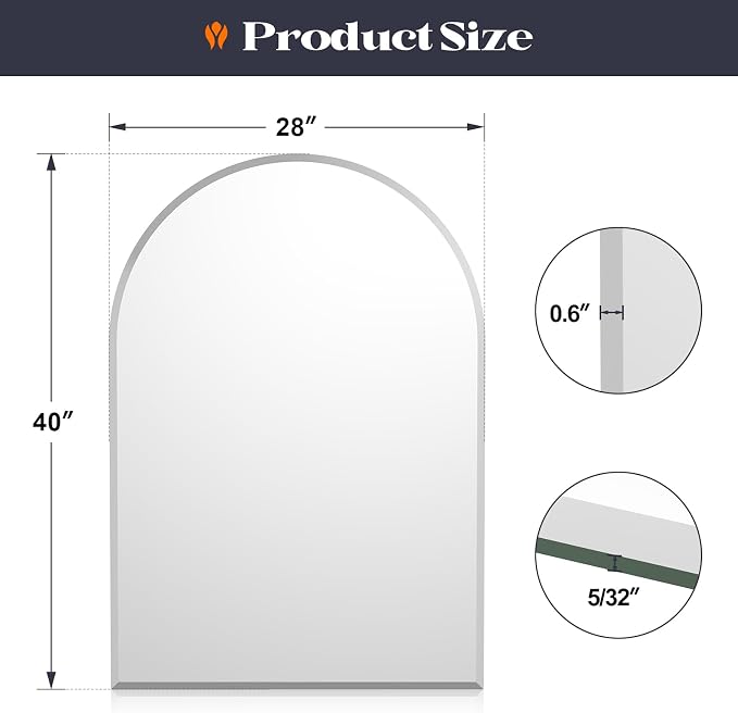 Frameless Bathroom Mirror, 28" x 40" Arched Beveled Frameless Mirror, Arch Wall Mounted Vanity Bathroom Mirror for Over Sink, Living Room, Bedroom, Entryway