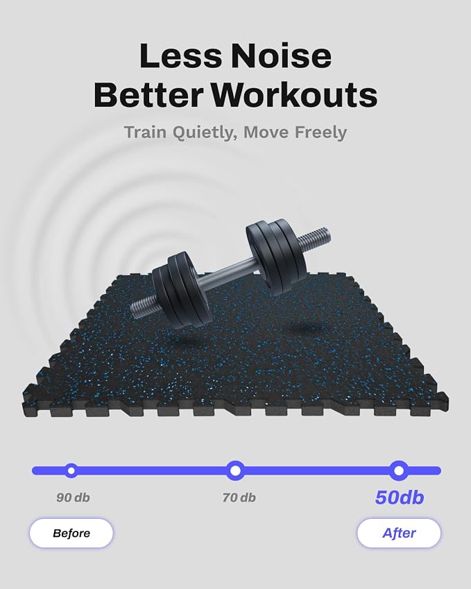 AIRHOP 0.56in Thick 24 Sq Ft Exercise Equipment Mats, 6 Tiles Upgraded Rubber Top with High Density EVA Foam, Large Interlocking Puzzle Gym Flooring for Home Gym, Heavy Weight Workout,Black & Blue