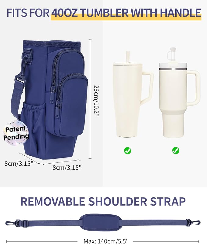 sportsnew 30/40oz Crossbody Water Bottle Holder Anti-Tip Tumbler Carrier | Lightweight Bottle Sling Fits Handled Tumbler w/ Phone Pocket, Adjustable Strap, Insulated Lining, Hands-free for Hiking Gym