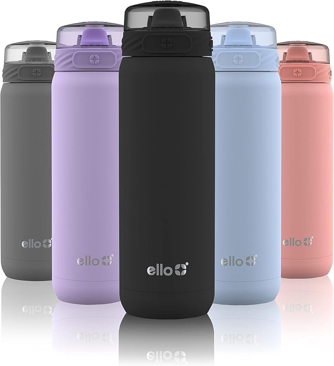 Ello Cooper 22oz Insulated Stainless Steel Water Bottle with Straw, Black | Leakproof water bottle with straw and carry handle. BPA-free, keeps drinks cold 26 hours, great for gym, travel, and school.