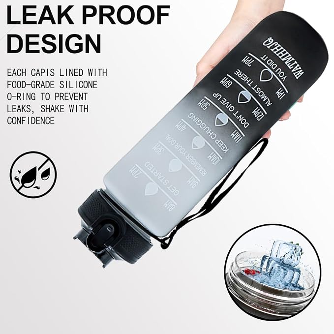32oz Sports Water Bottle Outdoor, with Drinking Time and Capacity Labels, Sport Water Cups with Straw,BPA Free Leak Proof,for Fitness Gym Running Climbing (Grey black)