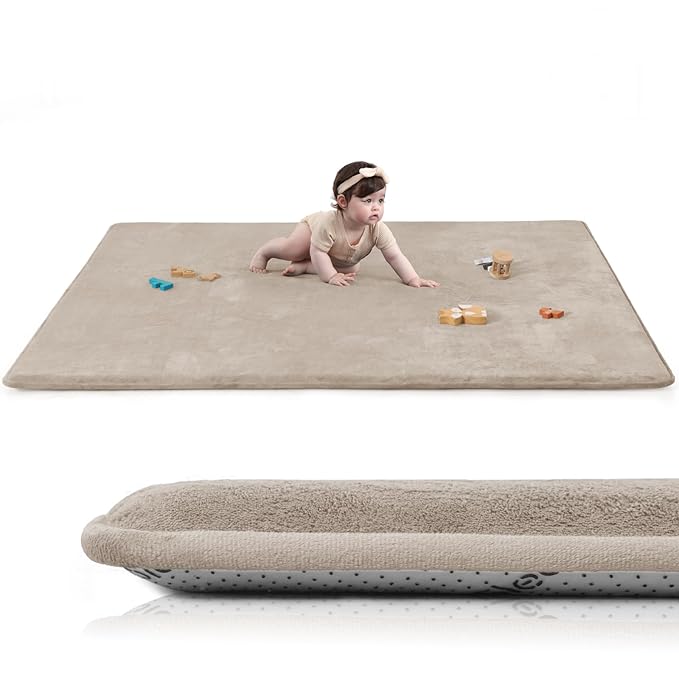 Huloo Sleep Baby Play Mat for Floor,1.3" Thick Elasti-Foam 50"×74" Playpen Mat for Tummy Time,Water Repellent Soft Coral Velvet for Toddler,Infant,Kids,Non-Slip Backing Safe for Crawling(Beige)