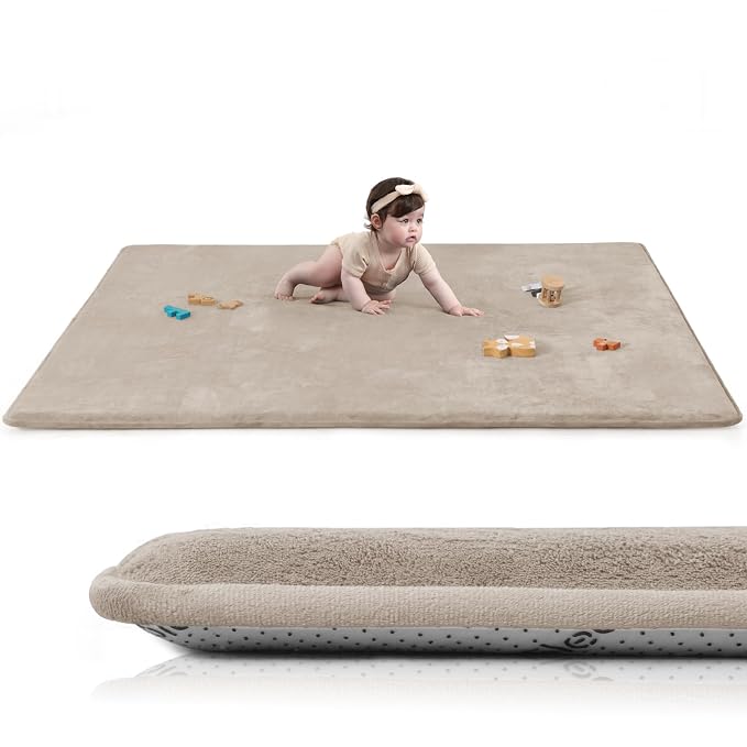 Baby Play Mat for Floor,Extra Large 59"×71" Playpen Mat for Tummy Time,Thicker Padded Elasti Foam Activity Mats,Water Repellent Ultra Soft Velvet,Non-Slip Backing Safe(Beige)
