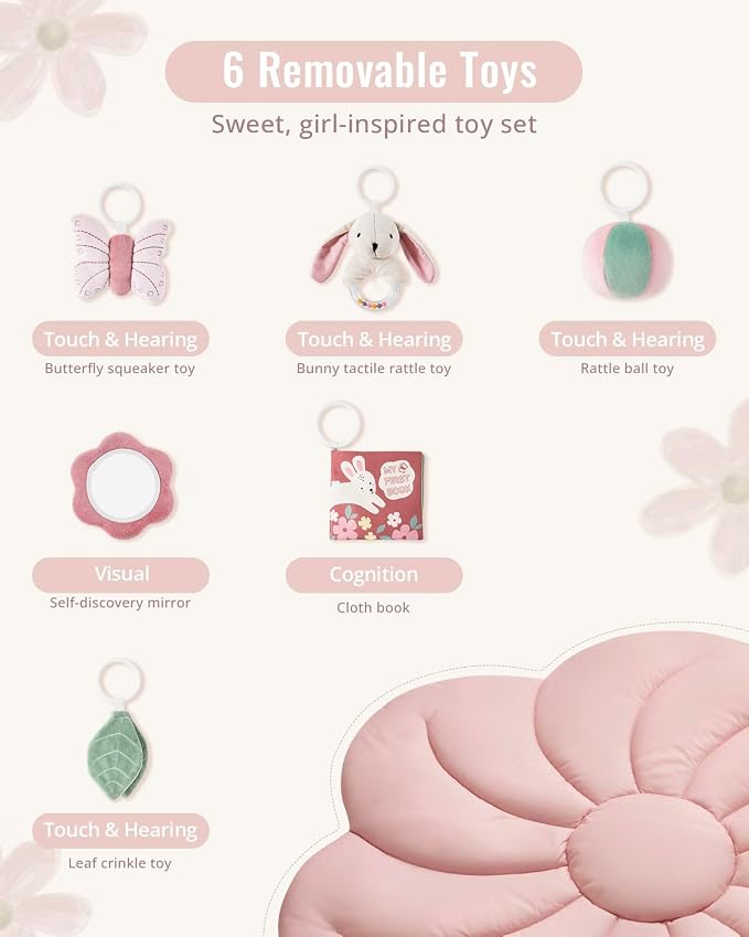 Blissful Diary Baby Play Gym Mat, Tummy Time with 6 Detachable Toys for Sensory & Motor Skill Development, Baby Activity Mat for Girl Boy Newborn Essentials Shower Gift, Pink Floral