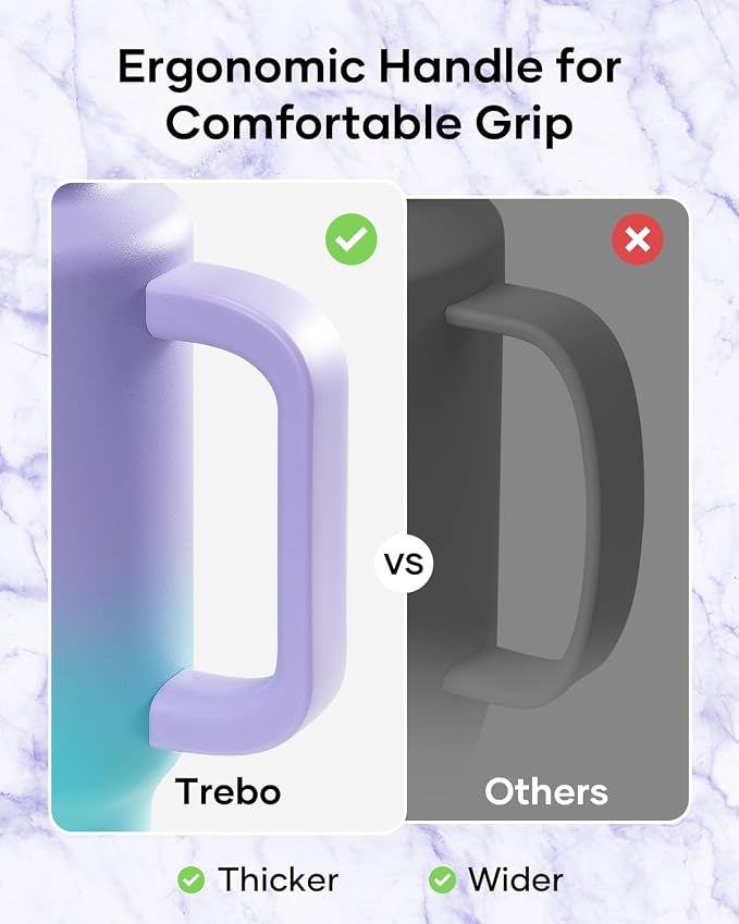 Trebo Insulated Water Bottle 40 oz Fits in Car Cup Holder with Side Handle | Stainless Steel Metal Tumbler with Straw Spout Lids, Triple-Wall Vacuum Copper Plated, Cold 48 Hrs Hot 24 Hrs for Travel, Gym