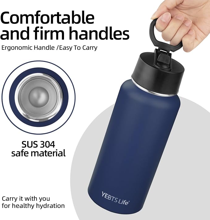 Insulated Water Bottle With Straw,32 oz Vacuum Insulated Stainless Steel Sports Water Flask,Keeps Cold and Hot,Metal Water Bottle Wide Mouth for Gym Travel Camping (Nave blue)
