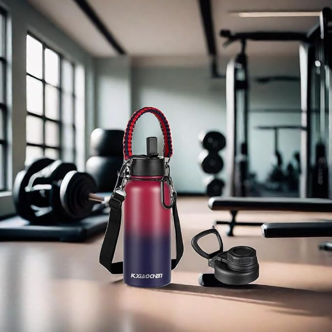 KXIAOCHEN Insulated Water Bottle with Strap, 48-Hour Cold, 2 Lids | Triple-wall insulation, lead-free 18/8 Stainless steel, paracord handle, carabiner clip, for gym, hiking, camping and travel