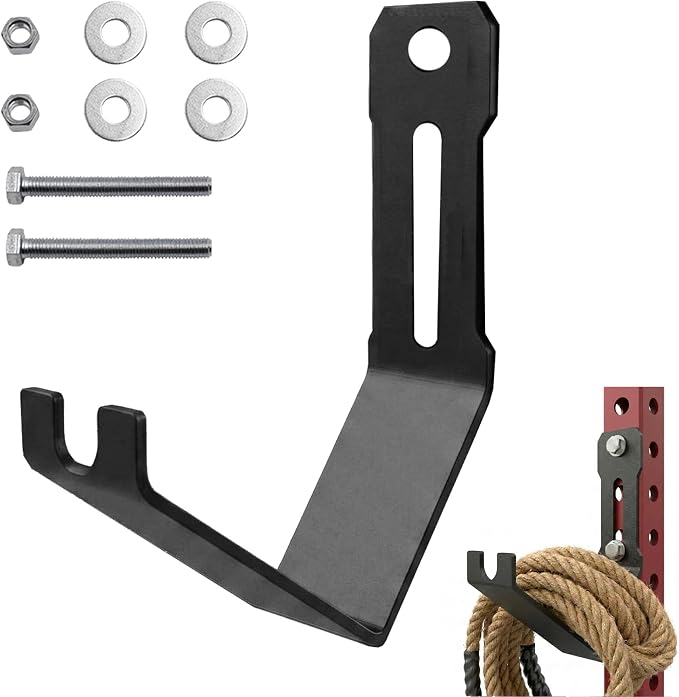 Heavy-Duty Battle Rope Storage Attachment for Squat Rack, Universal 5mm Steel Hanger with Multi-Use Front Notch, Adjustable Mount Fits 5/8" & 1" Holes, Home Gym Equipment Organizer
