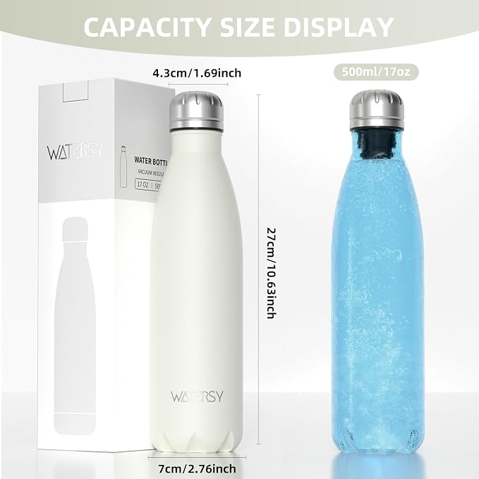 WATERSY Stainless Steel water bottles,17oz/500ml Insulated Water Bottle | Cream White metal water bottle Keeps Drink Cold and Hot,BPA Free kids water bottles for School,Gym,Travel,Sports