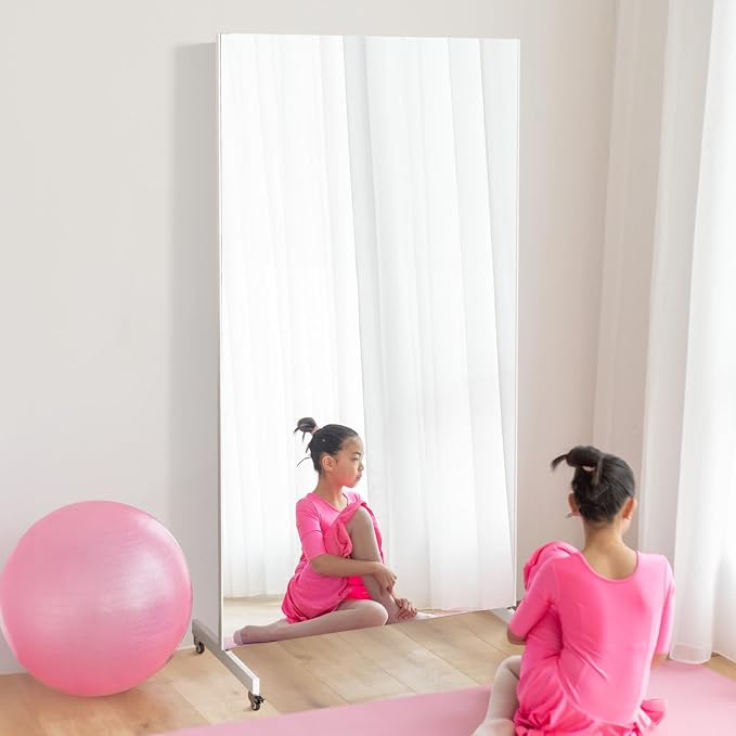 Home Gym Mirror 360° Swivel on Wheels, 67" X 40" Extra Large Full Body Rolling for Yoga, Nano Film Super Lightweight Unbreakable Full Length Mirror, Black, 9.5 lbs