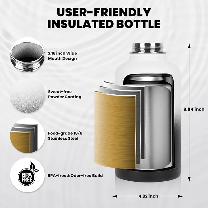RAYMYLO Insulated Water Bottle 64 oz, Triple Wall Vacuum Stainless Steel (Cold for 48 Hrs), Leak Proof & Non-BPA, Half Gallon Water Flask Jug with Paracord Handle & Straw Spout Lids, White/Black | (Cold for 48 Hrs), Leak Proof & Non-BPA, Half Gallon Wa...