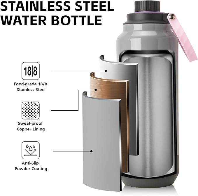 GREYLOCK 32 oz Insulated Water Bottle with Straw Lid, Leakproof Reusable Stainless Steel Vacuum Flask, 24hr Cold & Hot, Carry Handle & Silicone Spout, BPA-Free for Gym, Hiking, Travel, Grey