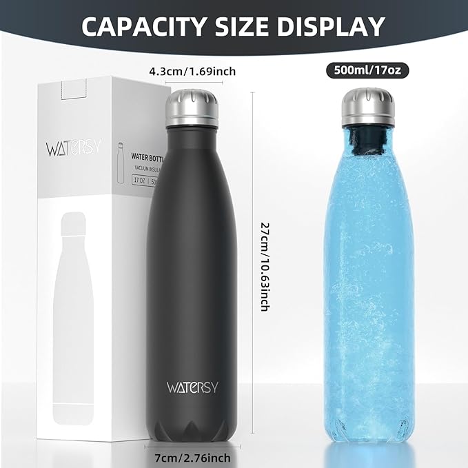 WATERSY Stainless Steel water bottles,17oz/500ml Insulated Water Bottle | Black metal water bottle Keeps Drink Cold and Hot,BPA Free kids water bottles for School,Gym,Travel,Sports