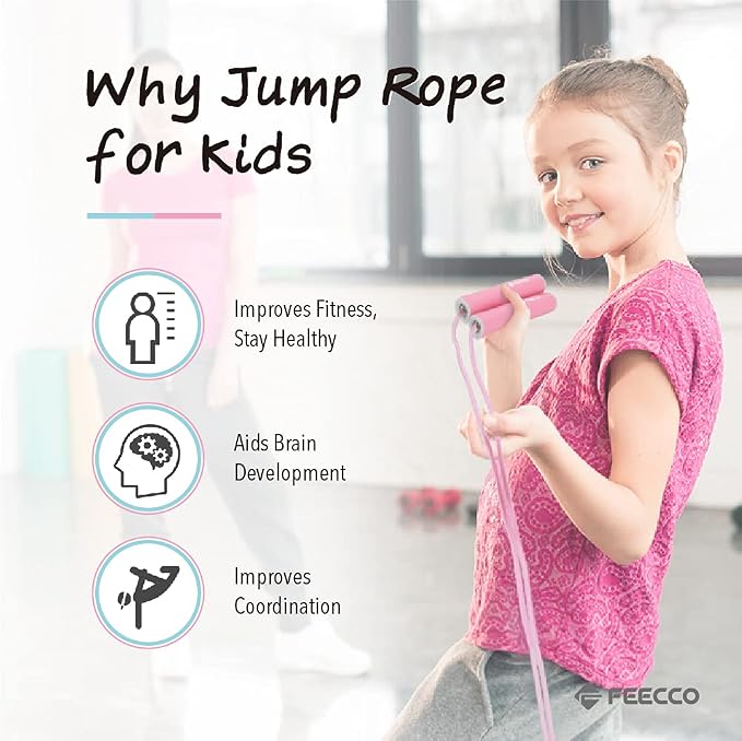 FEECCO Jump Rope for Kids, Pink and Blue Colored Jump Ropes for Girls and Boys 3~12 Years Old, with Adjustable Length Rope and Skin Friendly Silicone Handles