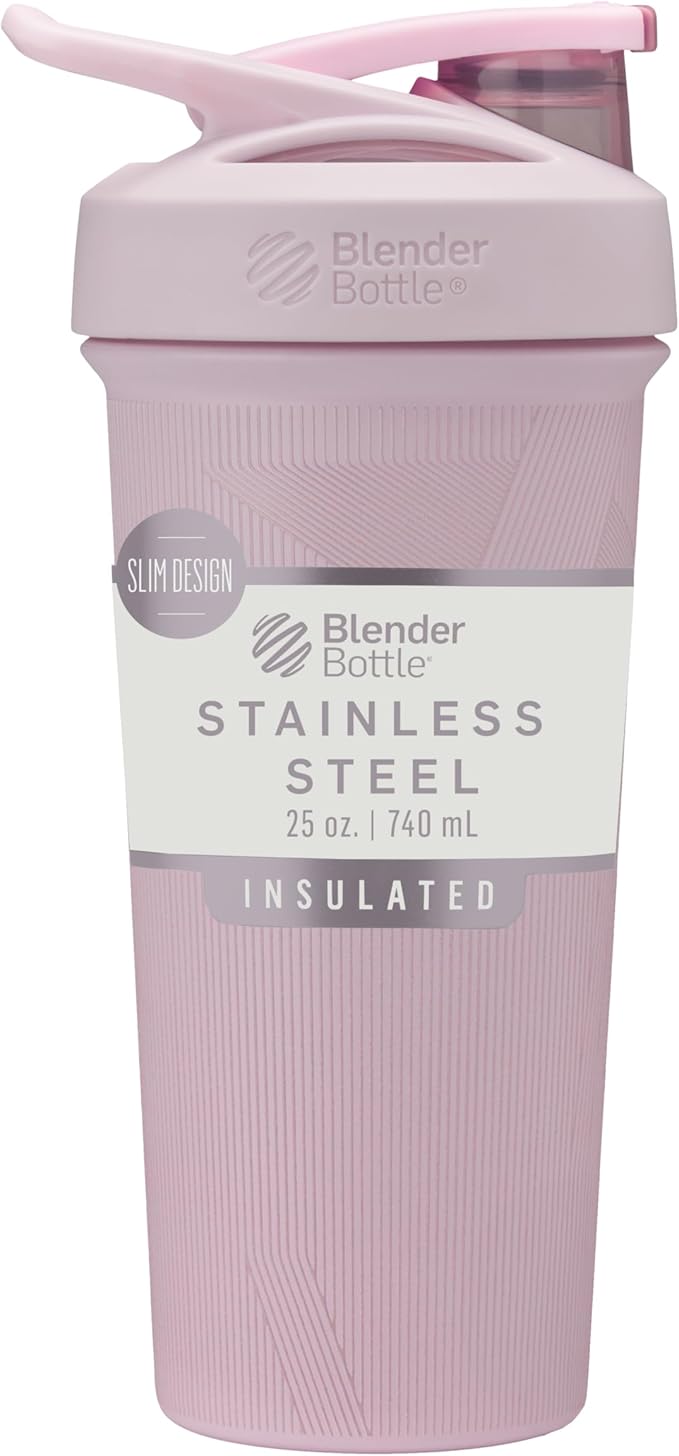 BlenderBottle Strada Sleek Shaker Cup Insulated Stainless Steel Water Bottle with Wire Whisk, 25-Ounce, Pink Stripes