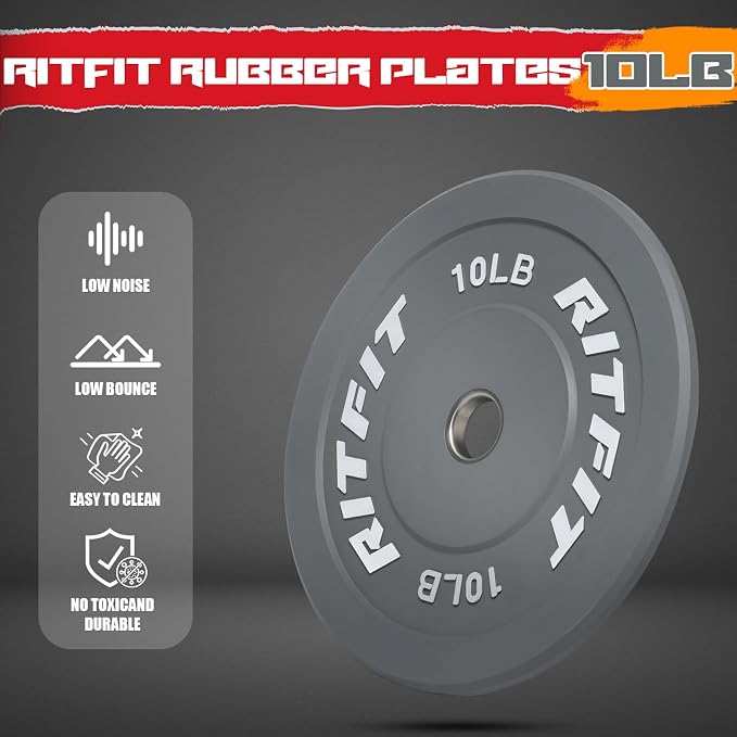 RitFit Color Coded Bumper Plate, Olympic Bumper Plate for Barbell, 2-Inch Bumper Weight Plates With Steel Insert, rubber weight plates for Strength Training in Home Gym