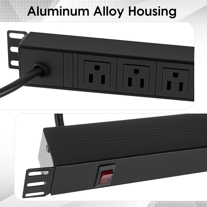 8 Outlet Rack Mount PDU Power Strip, 1020J Surge Protection | 15A Overload Switch, Fits 19'' Network Server Rack, 6ft 14AWG Cord, 1U RackMount, Rear Plug