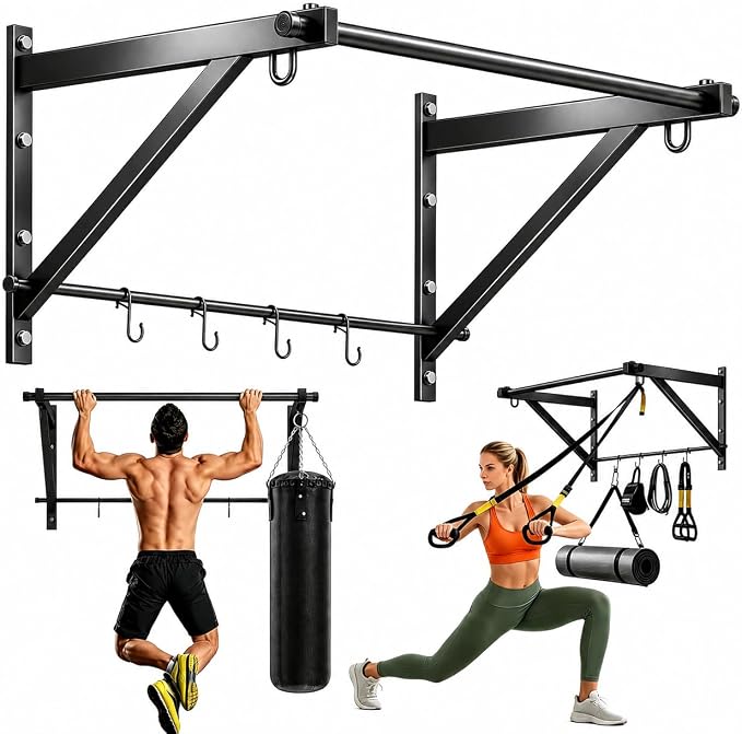 Adjustable Depth Pull Up Bar, Wall & Doorway Mounted Chin Up Bar with Hooks, Thickened Steel Construction, 500LBS Heavy Duty Capacity, Home Garage Upper Body Strength Training Equipment
