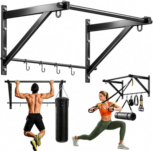 Adjustable Depth Pull Up Bar, Wall & Doorway Mounted Chin Up Bar with Hooks, Thickened Steel Construction, 500LBS Heavy Duty Capacity, Home Garage Upper Body Strength Training Equipment