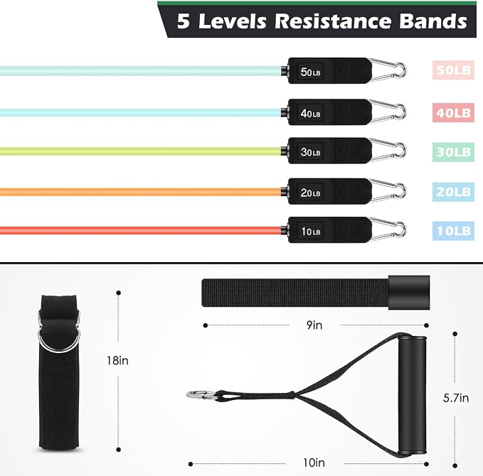 WHATAFIT Resistance Bands with Handles, 5-Level Exercise Bands for Workout | Natural latex,10-50 lbs, stackable to 150,Ankle Straps, Door Anchor,Guide. For Strength, Yoga,Home Gym,Travel & Workout.