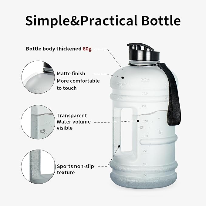 TOOFEEL 2 Liter Water Bottles - Big Water Jugs - 2.2L 74oz LeakProof - Clear Matte