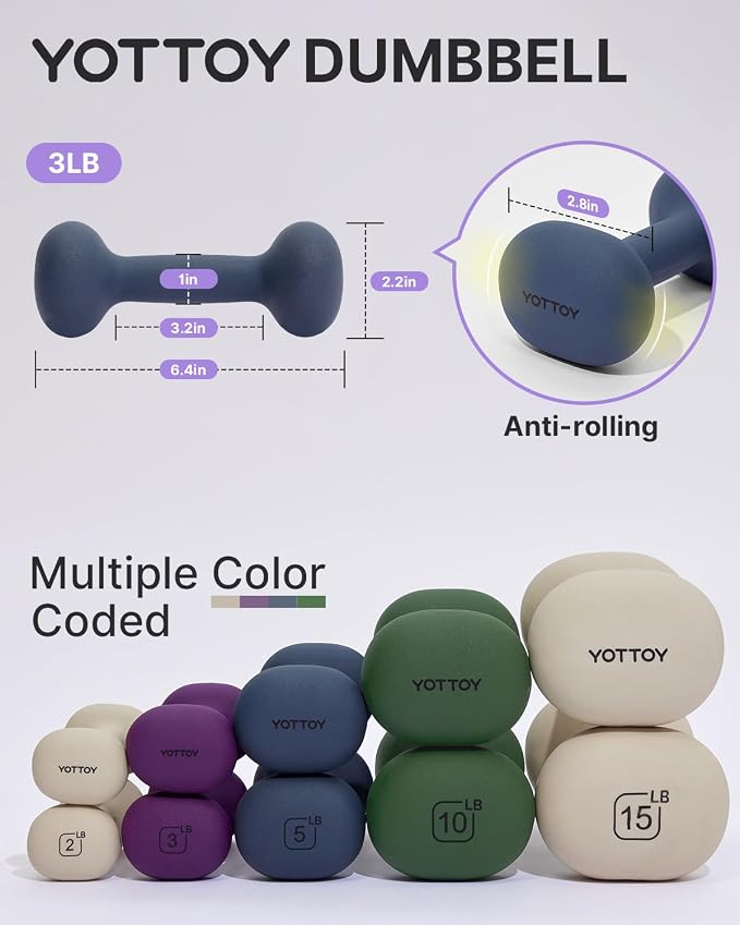 YOTTOY Dumbbell Set of 2,2-15 Pound Hand Weights for Women, Non-Slip Hand Weights for Home Gym, Strength Training, and Full-Body Workouts