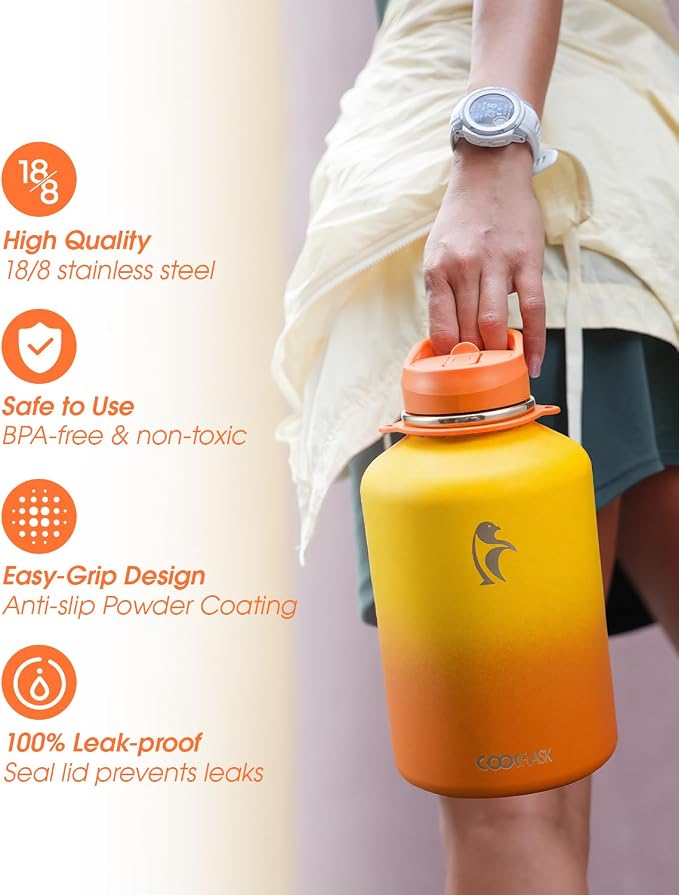 Coolflask Half Gallon Water Bottle Insulated Stainless Steel with Strap | 64 oz Large Water Jug with Straw & Spout Lids,Triple-Wall, Cold 48+h,Dishwasher Safe, Leakproof, BPA-Free,for Gym & Hiking