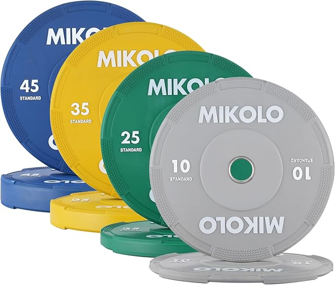 Mikolo Olympic Bumper Plates Set, 100% High-Density Low-Bounce Rubber Weight Plates with Steel Inserts, IWF Color-Coded Quiet Barbell Plates for Deadlifts, Squats & Home Gym Strength Training (Weights: 45 * 2-230LB)