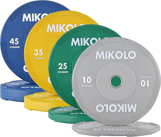 Mikolo Olympic Bumper Plates Set, 100% High-Density Low-Bounce Rubber Weight Plates with Steel Inserts, IWF Color-Coded Quiet Barbell Plates for Deadlifts, Squats & Home Gym Strength Training (Weights: 45 * 2-230LB)
