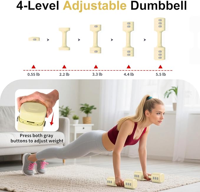 2-in-1 Adjustable Dumbbell Set, 4-Level Weights for Women | Convertible Dumbbell & Kettlebell, Adjustable 2.2-5.5lb Each, Quick-Change Button, Compact for Home Gym, Office & Outdoor