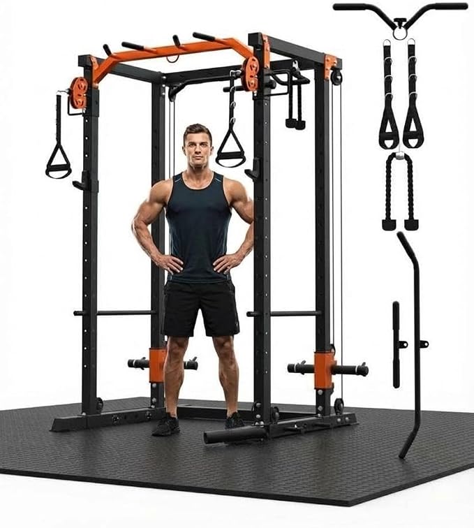 Power Cage with LAT Pulldown & Cable Crossover System, 2000LBS Multi-Functional Power Rack, All-in-1 Weight Cage Home Gym with Adjustable Pulley System, Squat Rack for Garage, Home