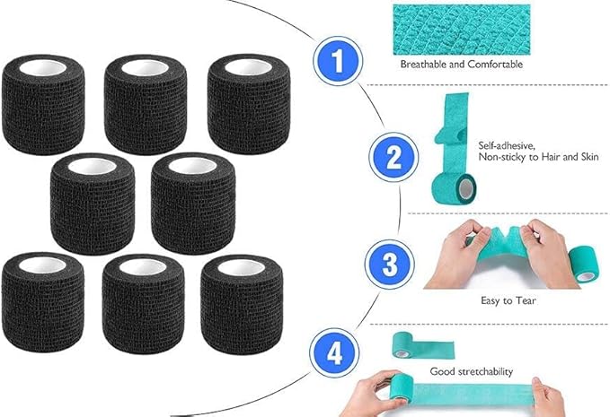 Self Adhesive Bandage Wrap,2" Black Cohesive Bandages Vet Wrap Sports Tape | CIYAGPOOU 8 Pack Elastic Breathable Athletic Wrap Bulk for First Aid Supplies, Wrist Sprains Protection