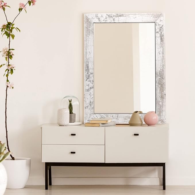 Syndra Rectangular Mirror with Frame Rustic 20x28‘’ Wall Mounted Rustic Vanity Mirror with Large Wood Frame Farmhouse Bathroom Mirror, for Bedroom, Living Room, Entryway Wall Decor(White)