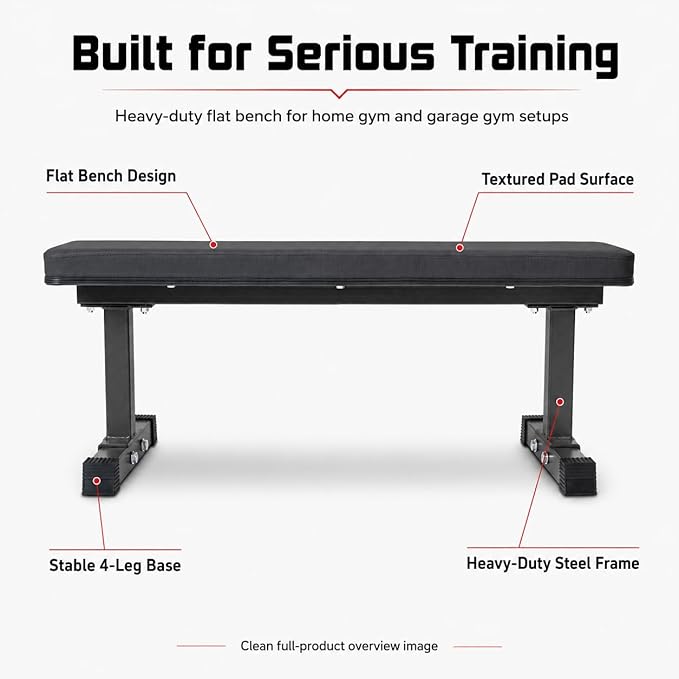 REP Fitness Flat Weight Bench, Heavy Duty Workout Bench For Home Gym, Folding Fitness Equipment For Strength Training, Adjustable Utility Platform For Dumbbells, Barbell, Lifting And Core Exercises
