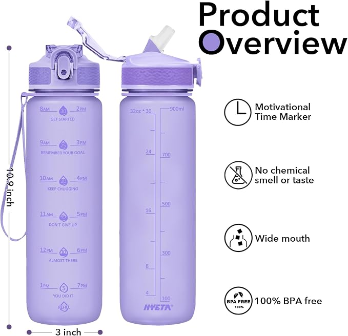 Hyeta Plastic Water Bottle With Straw & Time Marker, 32oz Leakproof Jug | Motivational Tritan BPA Free Gym Office Outdoor Intake Tracker Hourly Reminder Straw Lid Lightweight