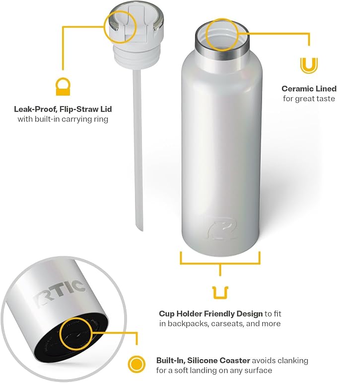 RTIC 20oz Journey Water Bottle Ceramic Lined Metal Stainless Steel Vacuum Insulated, BPA Free, Reusable, for Water, Hot and Cold Drinks, Travel, Sports, Camping, Cool Grey Glitter