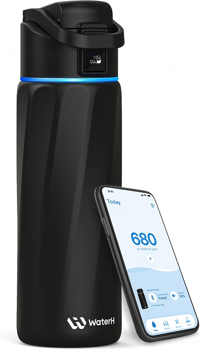 WaterH BOOST Smart Water Bottle Tracker with Reminder to Drink Water, 24oz | BPA-Free Double Wall Vacuum Insulated Stainless Steel, Leakproof, Smart App Tracking, Fits Cup Holders, Wide Mouth for School