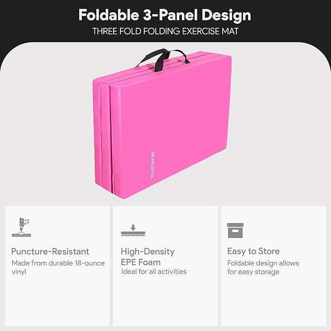 BalanceFrom 6x2 Feet 3-Panel Folding Gymnastics Mat – 1.5-Inch Thick Pad with Vinyl Surface and Carrying Handles for Tumbling, Yoga, Pilates, Home Workouts, and Martial Arts