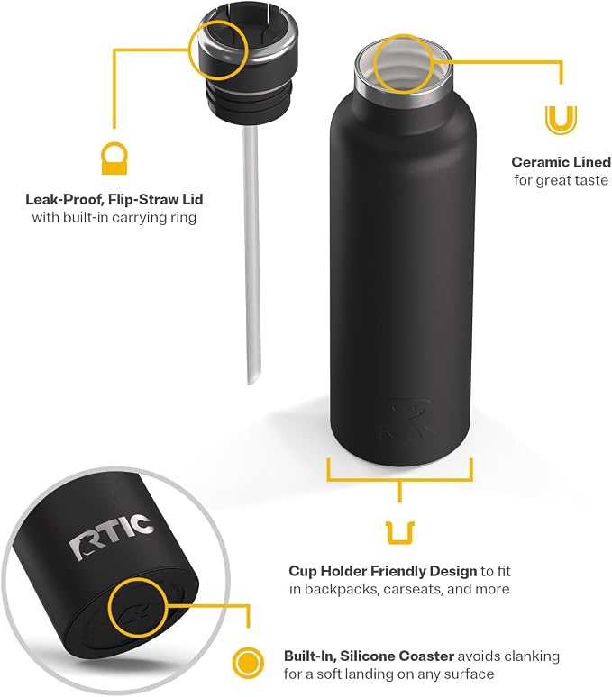 RTIC 20oz Journey Water Bottle, Ceramic Lined, Black | Stainless Steel Metal, Insulated for Hot and Cold Drinks, Sports, Travel and Camping