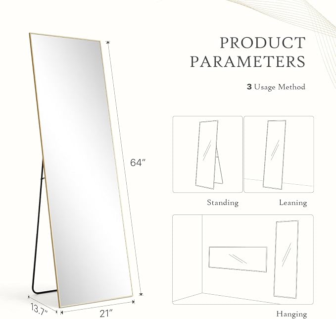 NEWBULIG 64"x21" Full Length Mirror, Full Body Standing Mirror, Gold | Leaning or Standing, Tempered Glass, Aluminum Alloy Thin Frame Floor Stand for Bedroom, Cloakroom