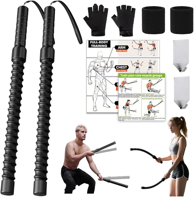 Ropeless Battle Ropes, Weighted Portable Workout Ropes For Home Gym 2PCS | Cordless Jump/Arm Exerciser With Non-Slip Gloves & Training Poster – HIIT, Low-Impact Cardio & Strength/Muscle Training