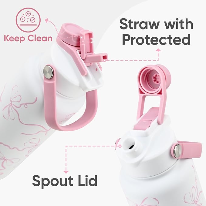 KEWIXY 32 oz Pink Water Bottle, 2-in-1 Lid, Straw & Spout with Protected, Leak Proof, Keep Cold, Stainless Steel, Metal, Reusable, Handle, for Travel, Gym and School, Breeze Pink Bow