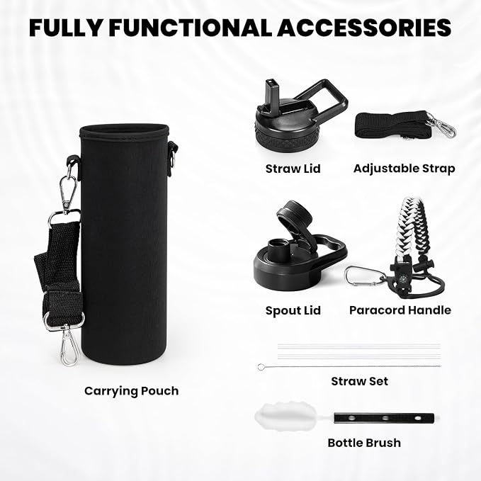 RAYMYLO Insulated Water Bottle 24 oz, Triple Wall Vacuum Stainless Steel | (Cold for 24Hrs, Hot for 12Hrs), Leak Proof & Non-BPA, Modern Water Flask Jug with Paracord Handle & Straw Spout Lids