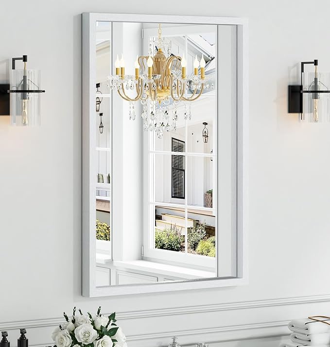 Syndra White Wood Frame Bathroom Mirror, 24''x36'' Modern Vanity Mirror for Wall, Waterproof Slim Deep Frame, Rectangular HD Tempered Glass Mirror for Living Room, Bedroom, Entryway, Rustic, Farmhouse