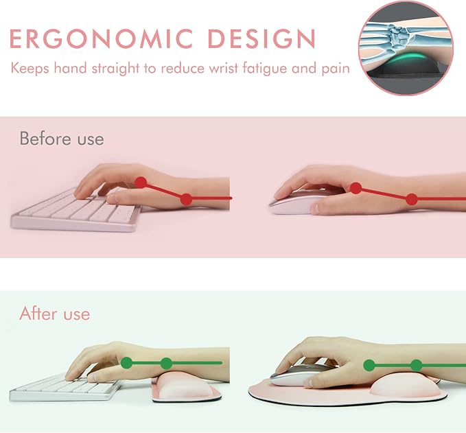VAGAU Premium Keyboard Wrist Rest and Mouse Pad Wrist Support Pink | Ergonomic Memory Foam Set for Office, Laptop, Mac, Computer and Gaming,Comfortable Typing &Wrist Pain Relief