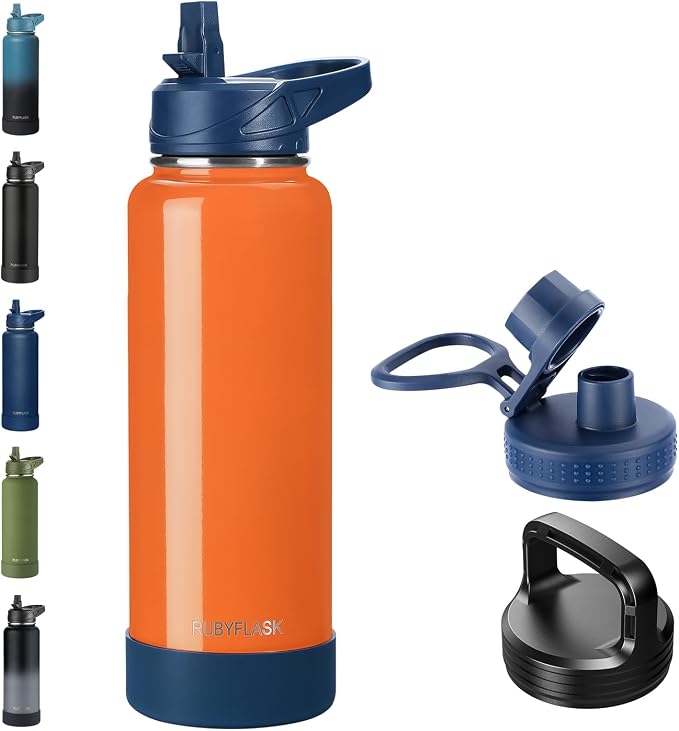 RUBYFLASK 40 oz Insulated Stainless Steel Water Bottle with Straw | 3 Lids, Wide Mouth, Metal Vacuum Leakproof Water Jug Flask and Handle, Large Thermal Cup with Silicone Boot, Orange