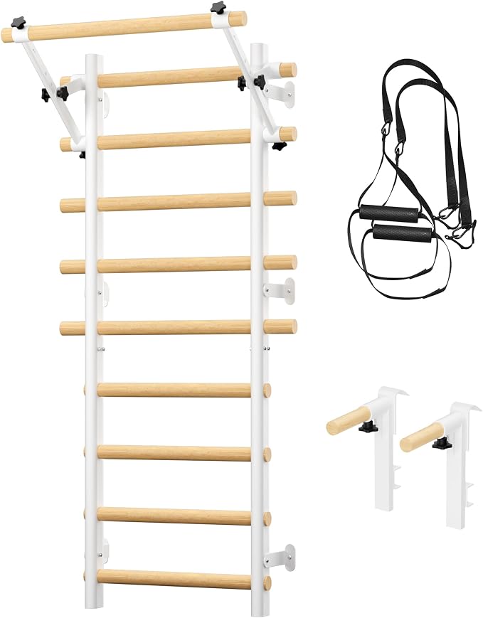Swedish Ladder Wall Gym, Wooden Wall-Mounted Stall Bars with Pull-up Bar & Exercise Straps & Dip Bars, Stretching Ladder Full Body Home Gym Adults New